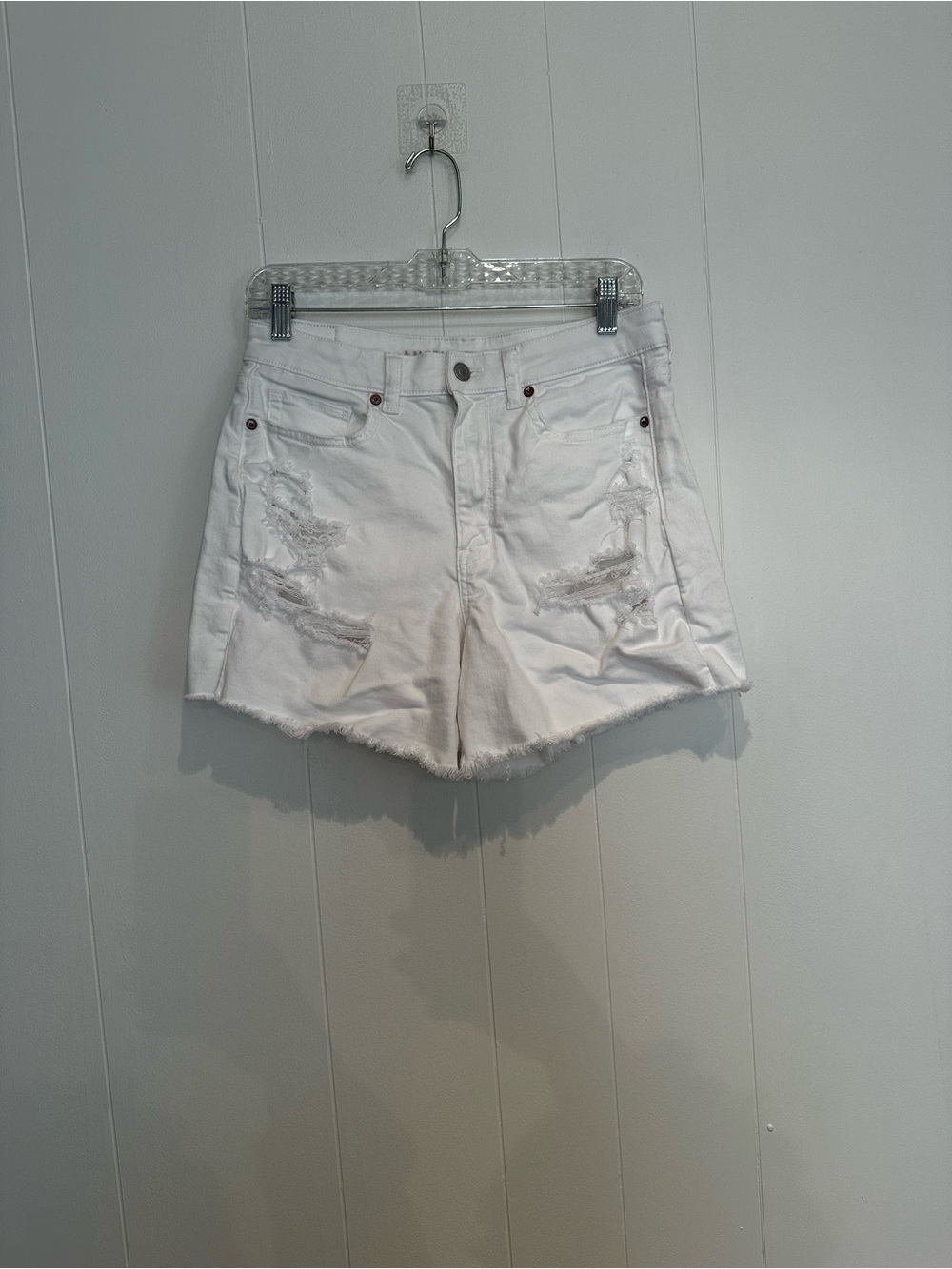 American Eagle White Distressed Denim Shorts High Rise Stretch Size 6 - Picture 8 of 10